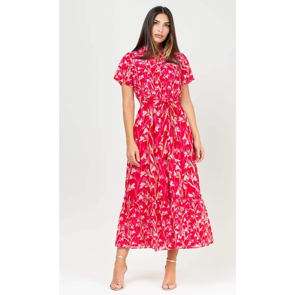 New Niza Womens Sz 46 US-2XL Floral Midi Button Front Belted Fuchsia Dress